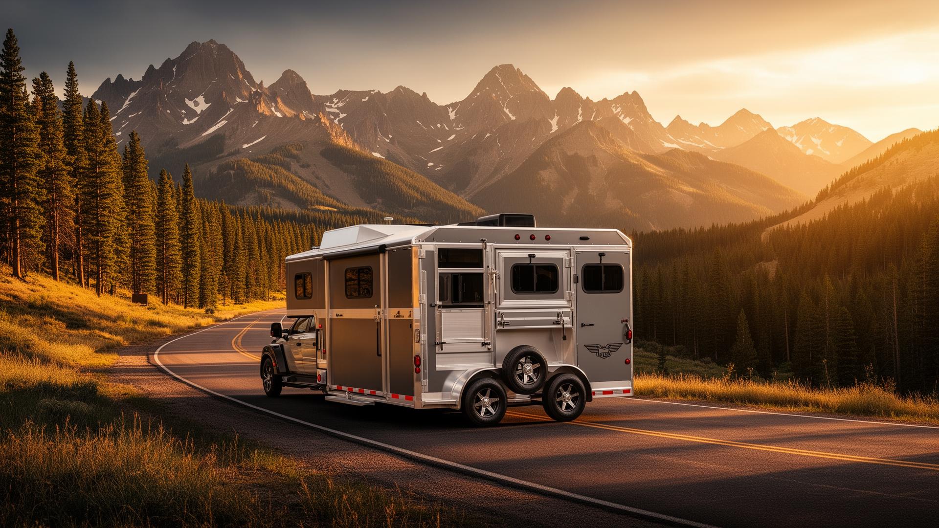 Horse trailer parked on a mountain road in Pagosa Springs at golden hour
